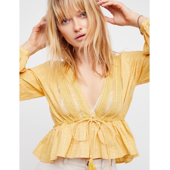 FREE PEOPLE Oberoi Yellow Lace Trim Tassel Blouse - Picture 3 of 11